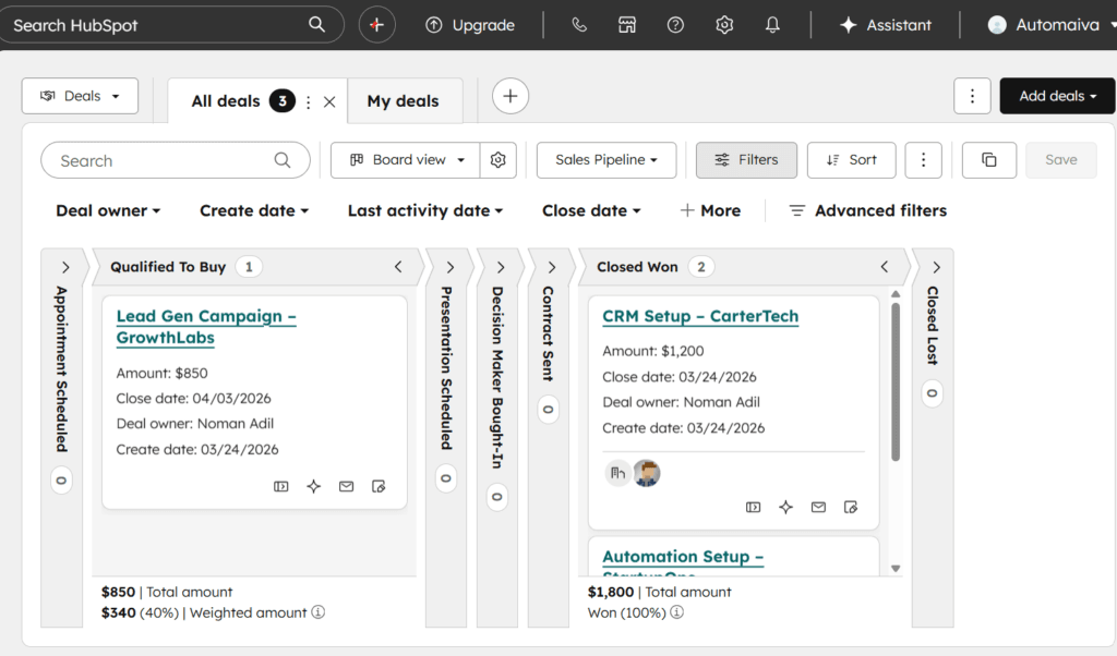 HubSpot CRM deals board showing SaaS sales pipeline stages and lead progression across marketing automation workflow