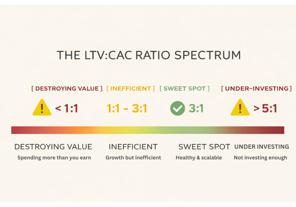 LTV to CAC ratio spectrum showing SaaS growth efficiency benchmarks from less than 1:1 to greater than 5:1