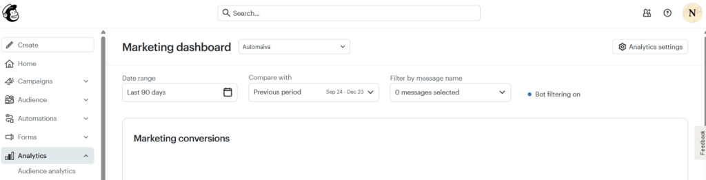Mailchimp marketing dashboard showing campaign analytics, performance tracking, and reporting interface