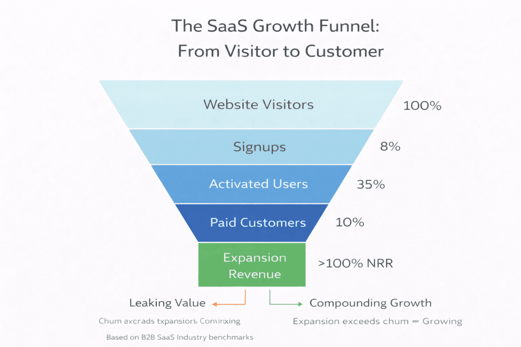 SaaS growth funnel showing five stages: Website Visitors (100% at top), Signups (8% conversion), Activated Users (35% of signups), Paid Customers (10% of signups), and Expansion Revenue (NRR >100%) at bottom with increasing width showing compounding growth.