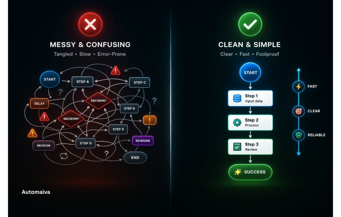 Comparison of complex vs simple SaaS marketing automation workflows showing messy and clean system design