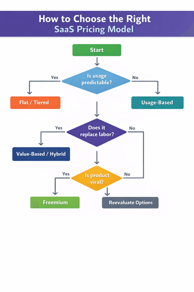 SaaS pricing model decision flowchart showing how to choose between flat rate, tiered, usage-based, value-based, hybrid, and freemium models