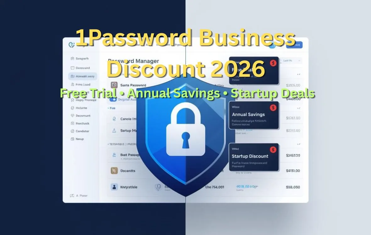 Illustration showing 1Password Business discount options for SaaS teams, including free trial, pricing plans, and startup savings in a modern cybersecurity workspace.