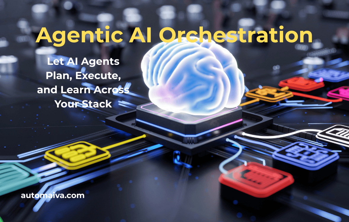 Agentic AI orchestration workflow diagram showing autonomous agent connecting CRM, data warehouse, email platform and Slack in 2026