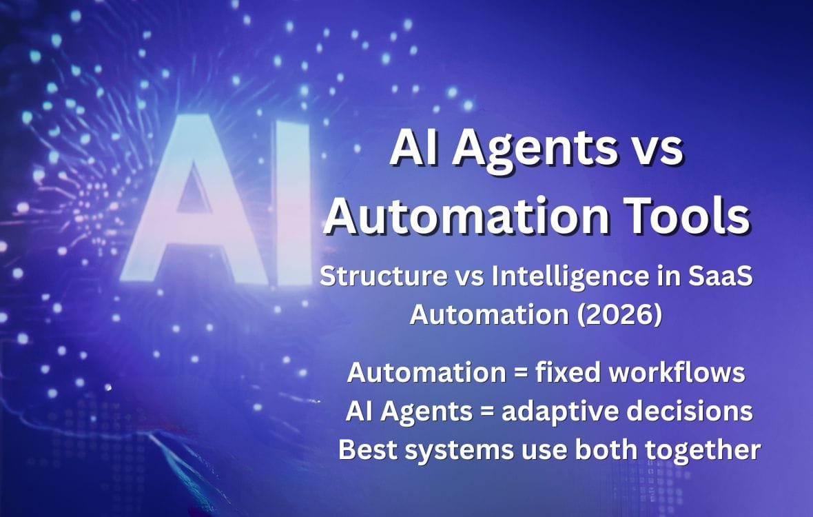 AI agents vs automation tools comparison showing structured workflows versus adaptive AI decision-making in SaaS operations