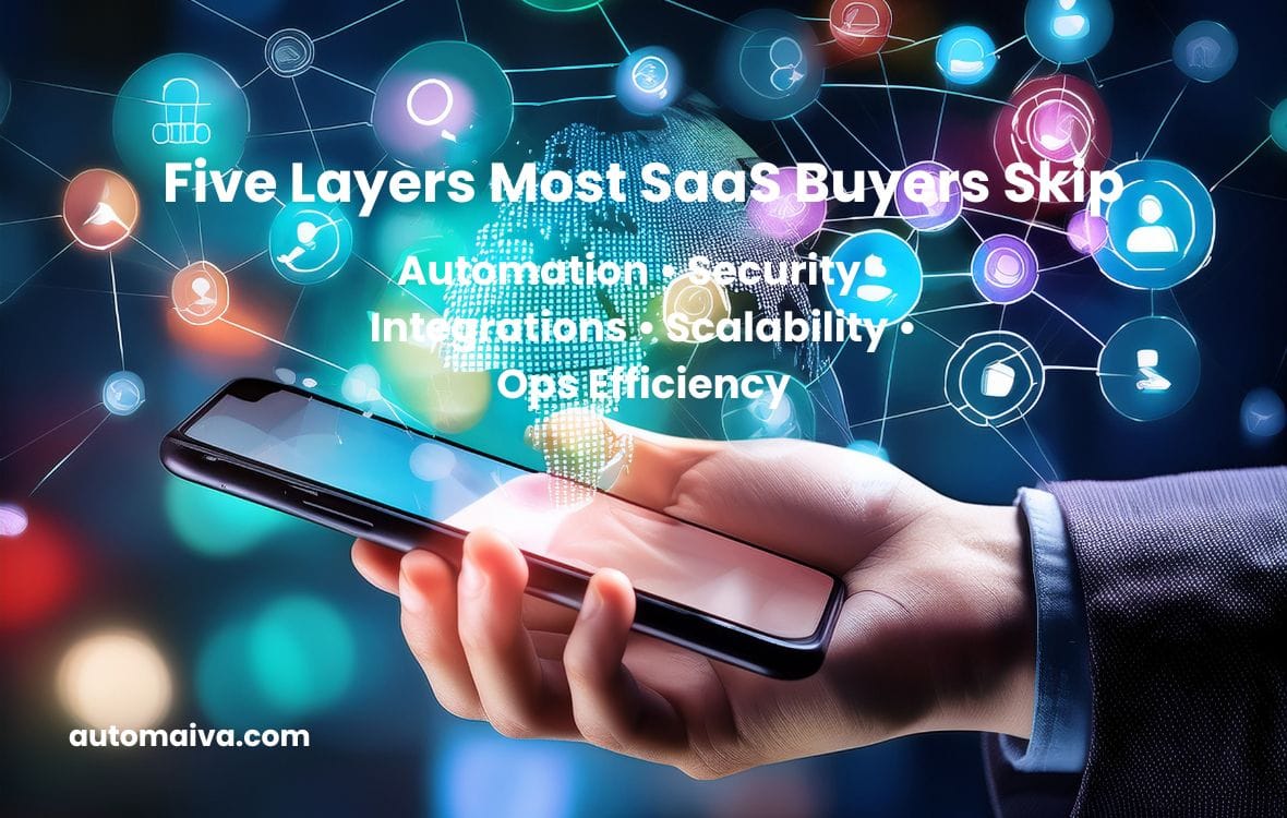 Infographic showing five SaaS operations layers for evaluating social media tools: automation, cybersecurity and compliance, integrations, scalability, and SaaS operations efficiency