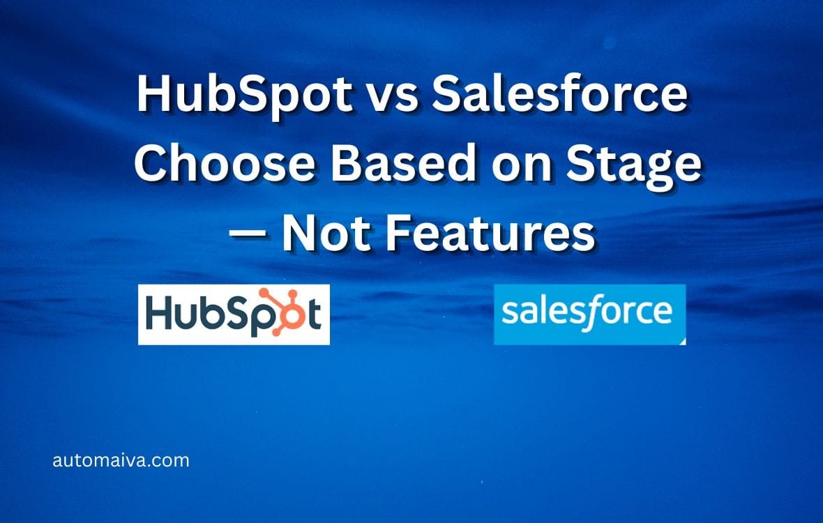Comparison illustration of HubSpot and Salesforce showing startup simplicity versus enterprise complexity for SaaS teams.