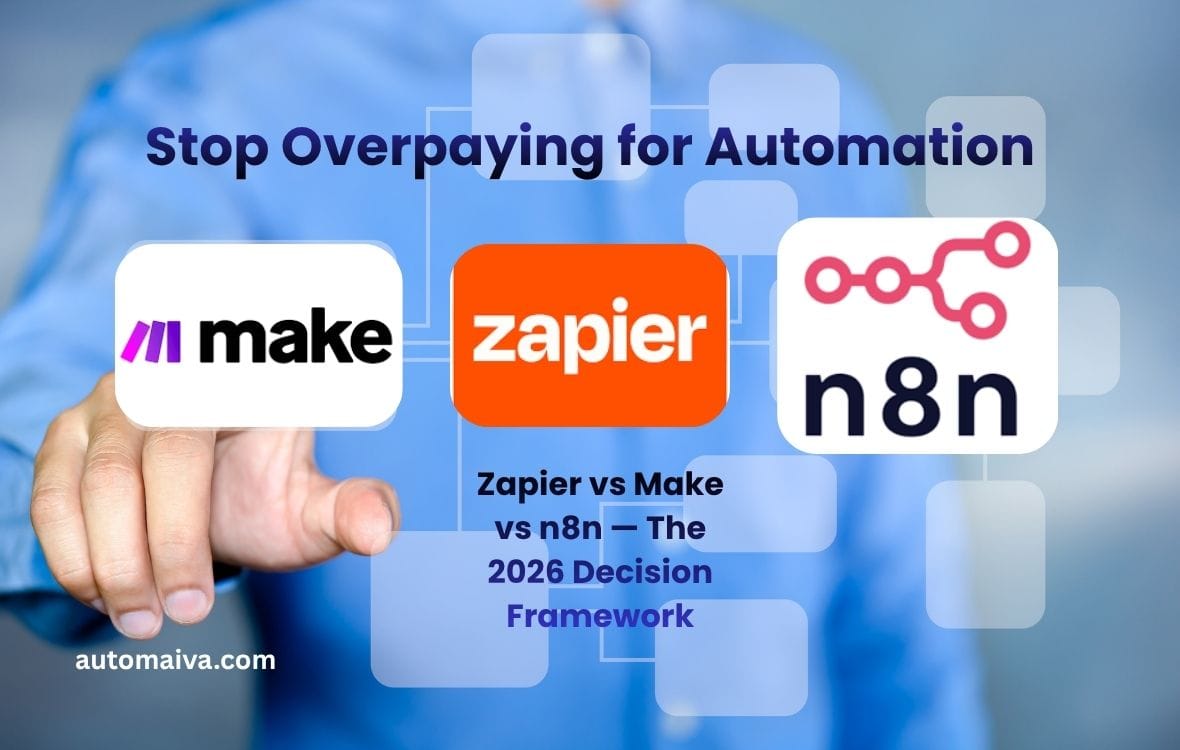 No-code automation stack audit showing Zapier vs Make vs n8n workflow comparison dashboard for SaaS teams in 2026