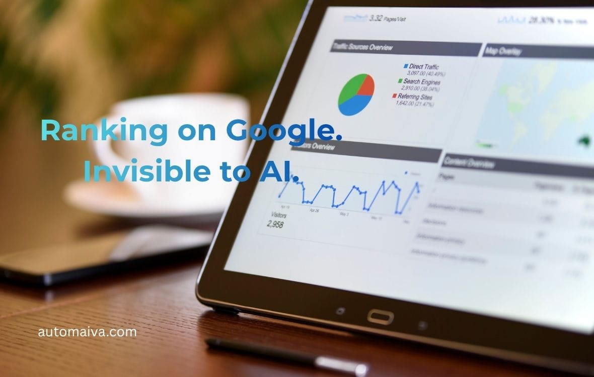 Split screen showing a SaaS product ranking on Google but missing from ChatGPT AI recommendations in 2026