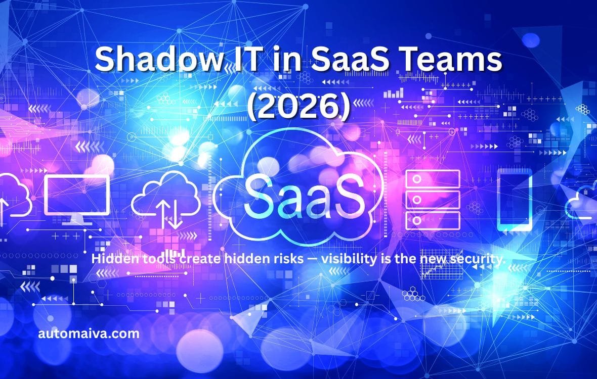 Illustration showing shadow IT risk in SaaS teams, with approved software on one side and hidden unsanctioned apps like AI tools and file-sharing platforms emerging in a dark digital layer, representing lack of visibility and governance.