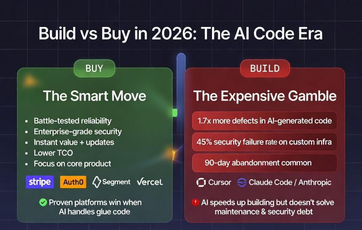 Build vs buy SaaS AI cost comparison showing hidden costs of AI-generated code including 1.7x more defects, 45% security failure rate, and 90-day custom build abandonment rate for 2026