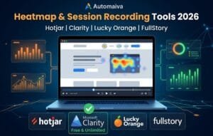 Best heatmap and session recording tools for SaaS startups 2026 showing Hotjar, Microsoft Clarity, Lucky Orange, and FullStory with click map and session replay visualization.