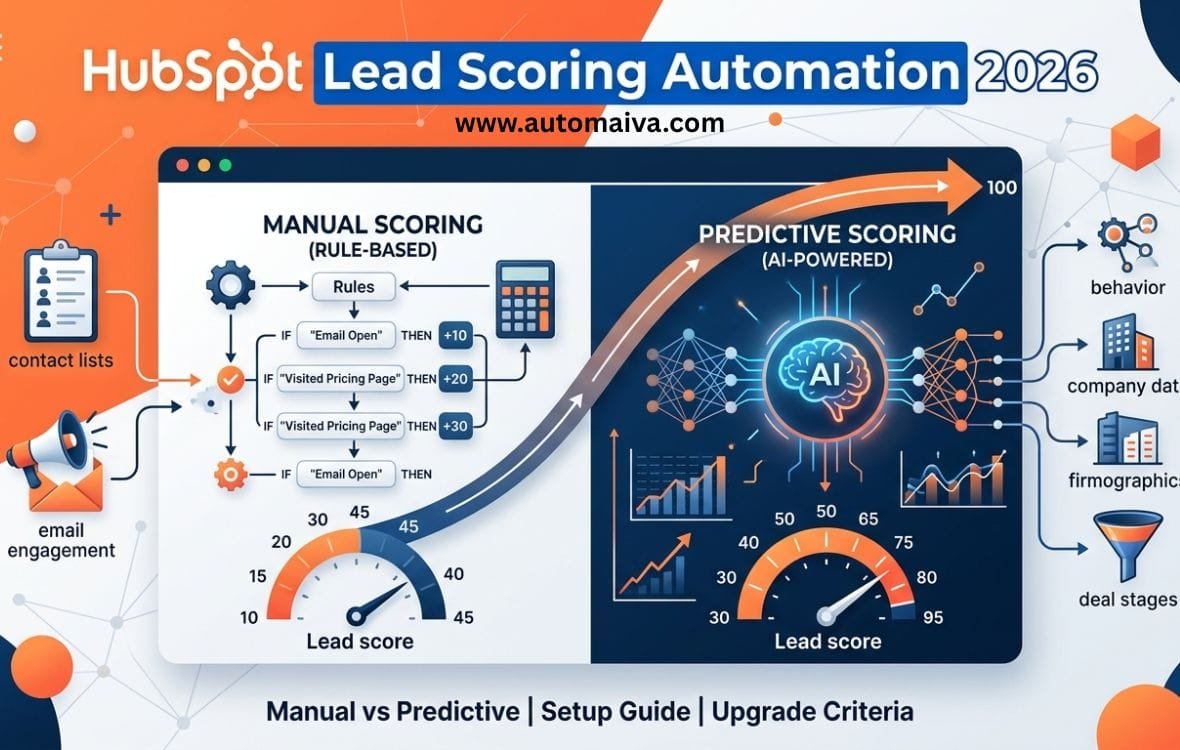 HubSpot lead scoring automation setup guide for B2B SaaS showing manual vs predictive scoring comparison with real examples and upgrade criteria.
