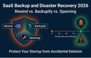 SaaS backup and disaster recovery comparison for startups showing Rewind, Backupify, and Spanning with pricing and recovery time metrics